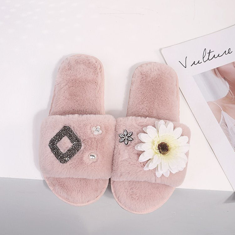 Korean department store new arrival: chic & luxurious floral plush slippers - women's fashionable, high-end rhinestone thong sandals