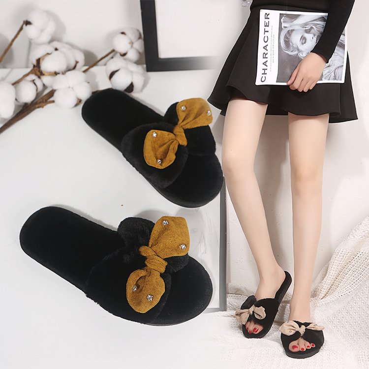 2024 new autumn plush rhinestone slippers women's fleece-lined bow open-toe home slippers wholesale direct from manufacturer