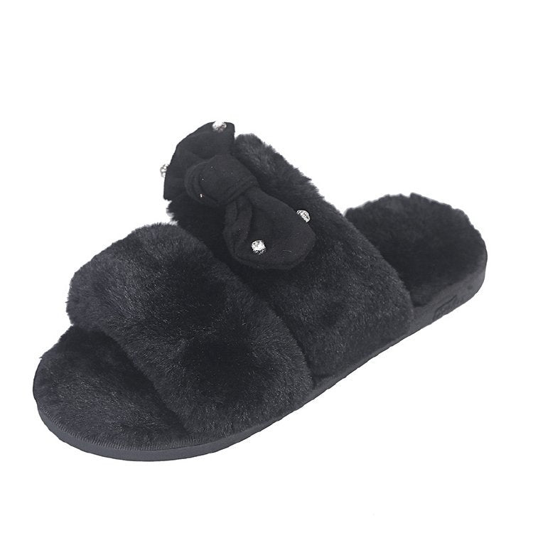 European and american new rhinestone furry slippers women's cross-border one-strap bow indoor ladies slippers autumn and winter furry slippers