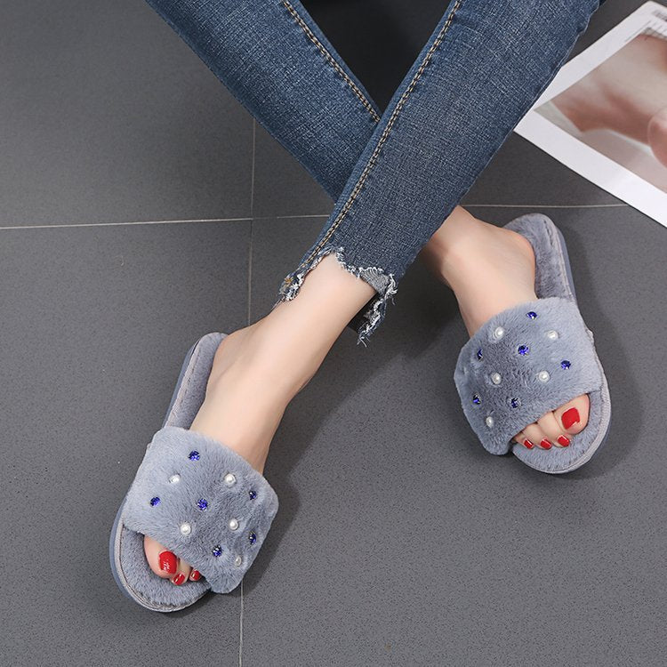 Factory direct 2024 autumn/winter new korean style pearl fuzzy slippers women's home flat indoor slippers wholesale