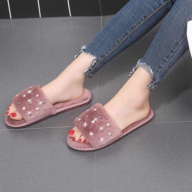 Factory direct 2024 autumn/winter new korean style pearl fuzzy slippers women's home flat indoor slippers wholesale