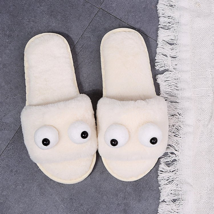 Korean autumn/winter new thickened plush warm slippers - big eyes, one-strap, women's cartoon flat cotton slippers (matching styles available)