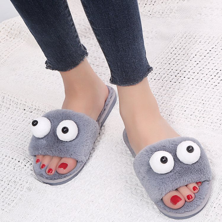 Korean autumn/winter new thickened plush warm slippers - big eyes, one-strap, women's cartoon flat cotton slippers (matching styles available)