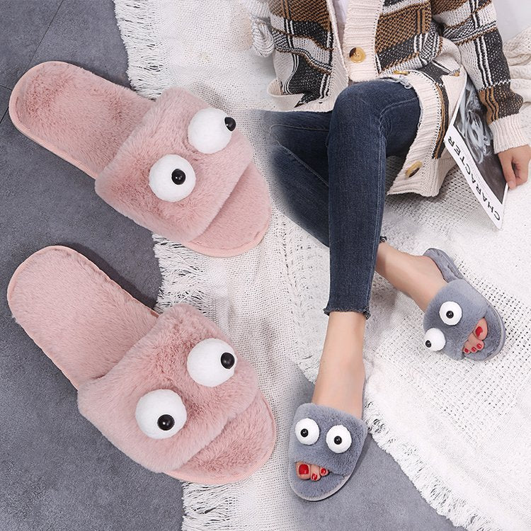 Korean autumn/winter new thickened plush warm slippers - big eyes, one-strap, women's cartoon flat cotton slippers (matching styles available)