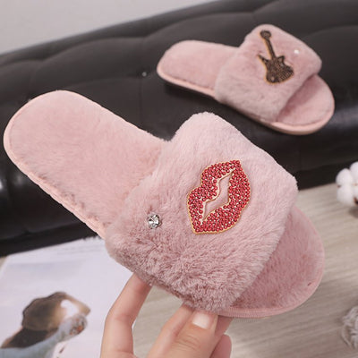 2024 fall/winter new fashion fuzzy slippers for women - trendy rhinestone solid color indoor/outdoor wearable slippers for winter