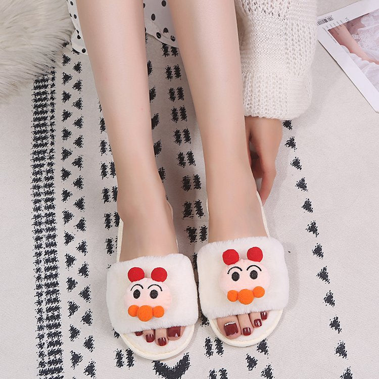 Cartoon kids' fuzzy slippers - unisex, parent-child, indoor, flat, warm, open-toe, plush slippers for autumn and winter