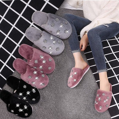 2024 fall/winter new korean style rhinestone fuzzy slippers - trendy chic women's slippers for outdoor wear - dropshipping available