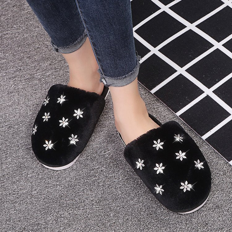 2024 fall/winter new korean style rhinestone fuzzy slippers - trendy chic women's slippers for outdoor wear - dropshipping available
