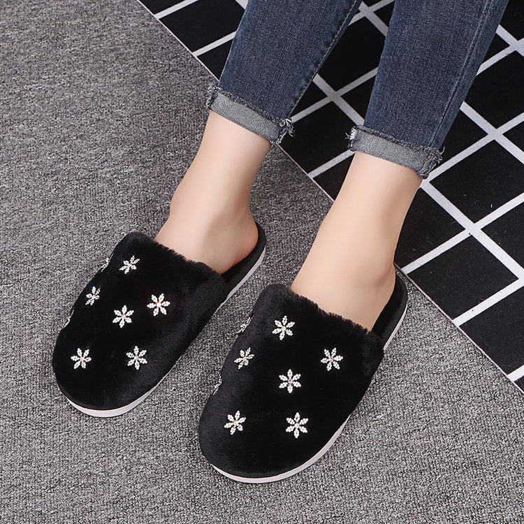 2024 fall/winter new korean style rhinestone fuzzy slippers - trendy chic women's slippers for outdoor wear - dropshipping available