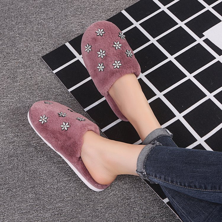 2024 fall/winter new korean style rhinestone fuzzy slippers - trendy chic women's slippers for outdoor wear - dropshipping available