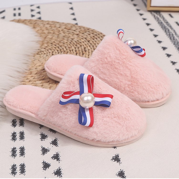 Baotou furry slippers for women 2024 autumn winter new arrival k-stylestripes pearl flats heelless lazy slippers for women