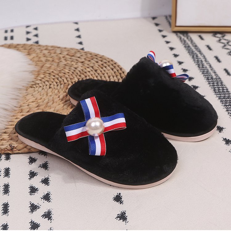 Baotou furry slippers for women 2024 autumn winter new arrival k-stylestripes pearl flats heelless lazy slippers for women