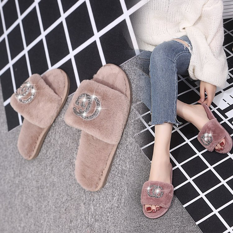 Wholesale new arrival indoor slippers - direct from the manufacturer: autumn korean style fuzzy rhinestone thong slippers for home