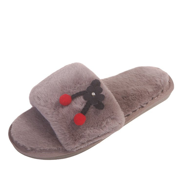 2024new arrival fur slippers women's fall and winter home women's shoes flats cherry outwear indoor one-line slippers stuffed slippers