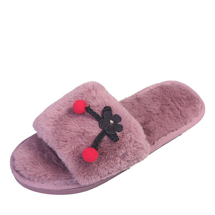 2024new arrival fur slippers women's fall and winter home women's shoes flats cherry outwear indoor one-line slippers stuffed slippers