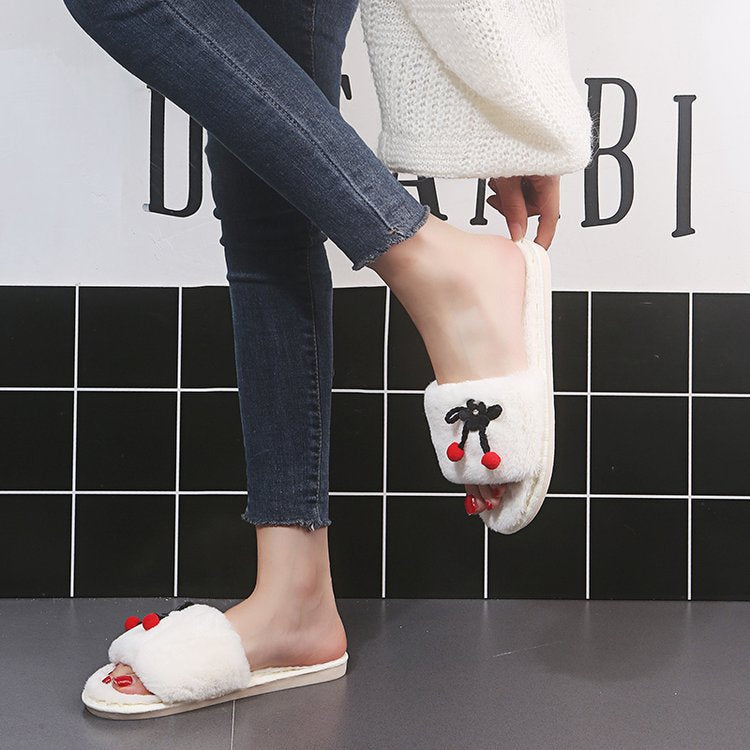 2024new arrival fur slippers women's fall and winter home women's shoes flats cherry outwear indoor one-line slippers stuffed slippers