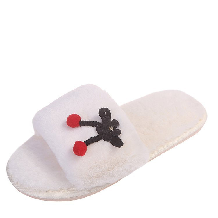 2024new arrival fur slippers women's fall and winter home women's shoes flats cherry outwear indoor one-line slippers stuffed slippers