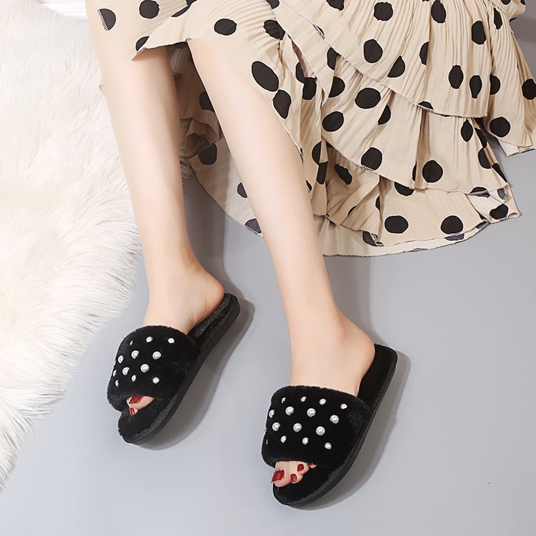 Spring fallwinter pearl flip flop women's fleece-linedheattech slippers trendy plaid indoor cotton slippers student slippers women