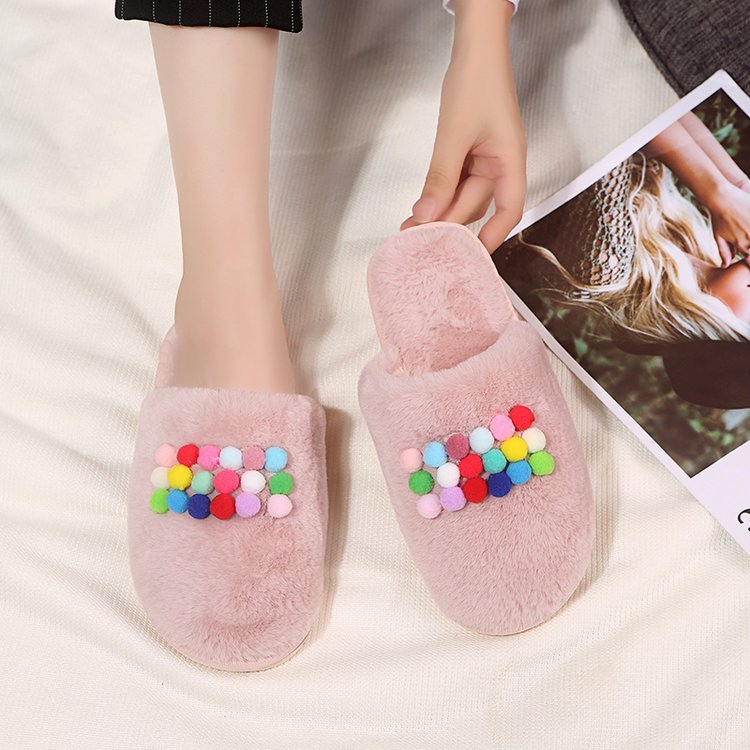 Casual fur ball couple cotton slippers winter men's and women's thickenedheattech slippers baotou fleece-lined plush cotton slippers wholesale