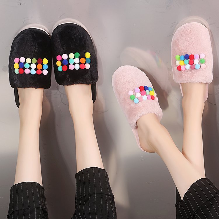 Casual fur ball couple cotton slippers winter men's and women's thickenedheattech slippers baotou fleece-lined plush cotton slippers wholesale