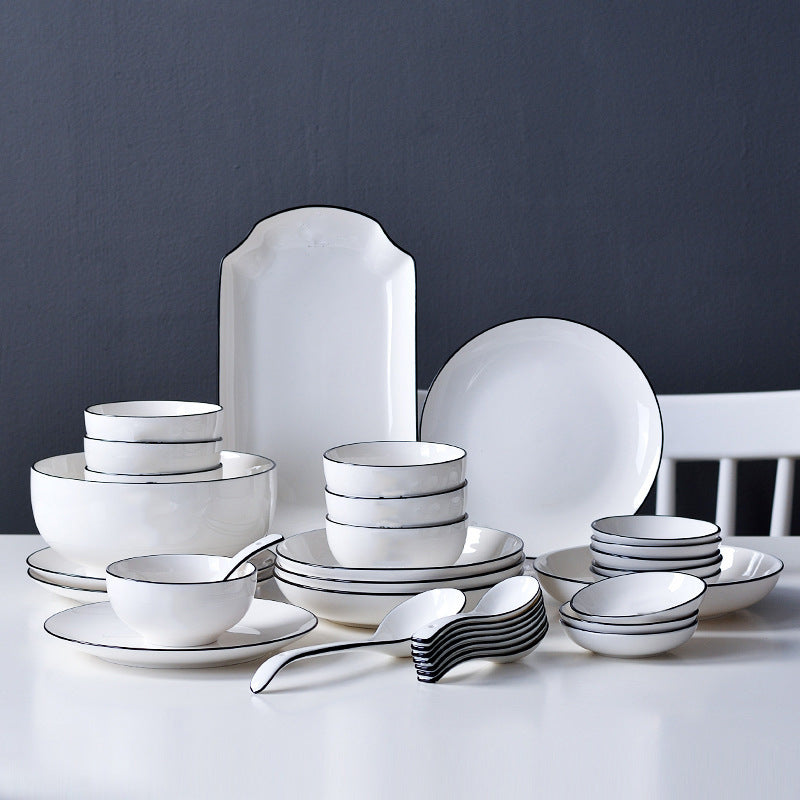Minimalist european black line dinnerware set - ceramic plates, bowls, and dishes for hotel and home use - customizable dinnerware set
