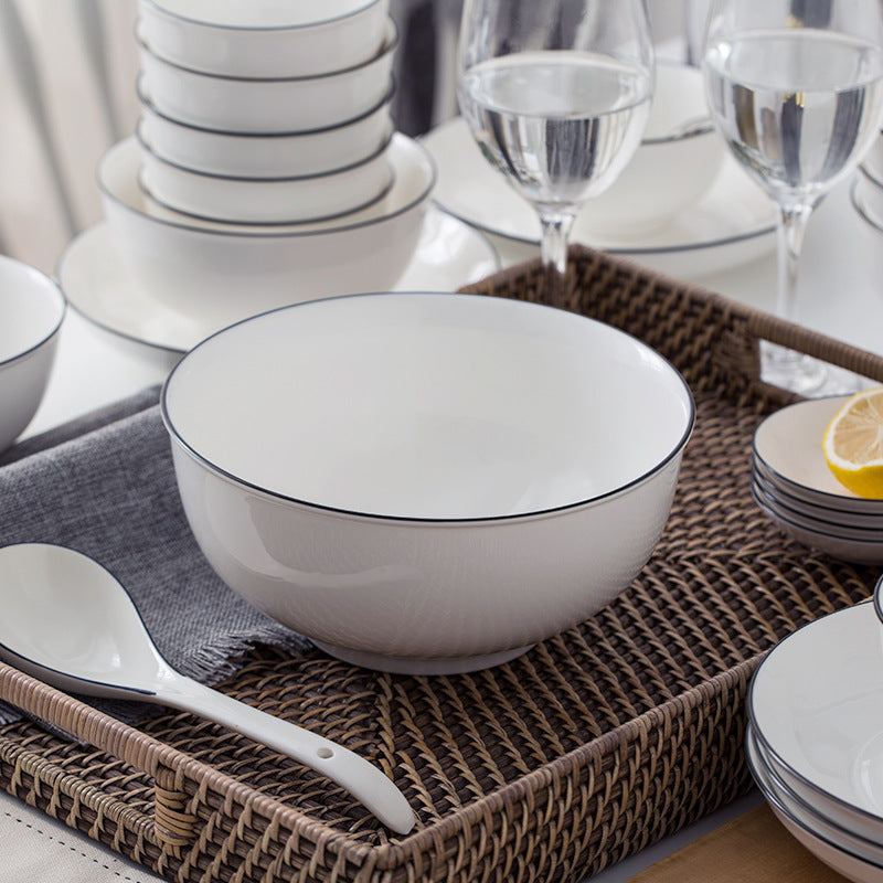 Minimalist european black line dinnerware set - ceramic plates, bowls, and dishes for hotel and home use - customizable dinnerware set