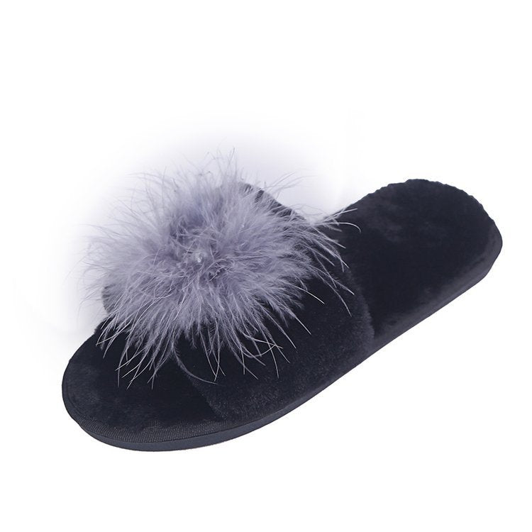 2024 new korean style women's cotton slippers - fashionable ostrich feather indoor/outdoor home slippers - autumn/winter women's warm slippers