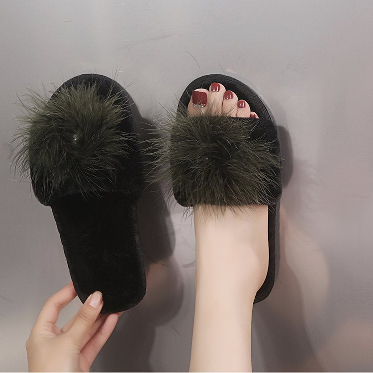2024 new korean style women's cotton slippers - fashionable ostrich feather indoor/outdoor home slippers - autumn/winter women's warm slippers