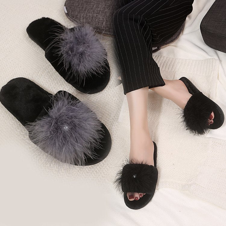 2024 new korean style women's cotton slippers - fashionable ostrich feather indoor/outdoor home slippers - autumn/winter women's warm slippers