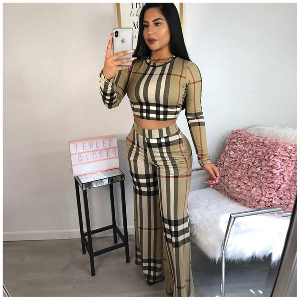 Y5057   wish European and American women's clothing wholesale personalized plaid printing casual two-piece set