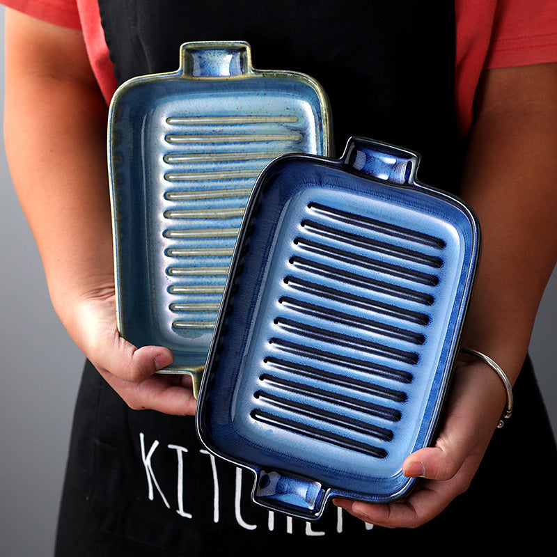 Creative kiln-turned double-ear ceramic baking dish, baking tool, cheese rice, pizza plate, pasta plate, factory direct sales