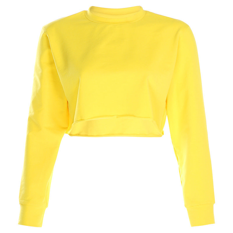 European and american  women's fashion new arrival: solid color, loose fit, slimming, cropped basic long sleeve lightweight sweatshirt jacket - in stock