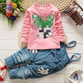 autumn korean style girls' cartoon cat denim cotton long-sleeve overalls two-piece kids' outfit set