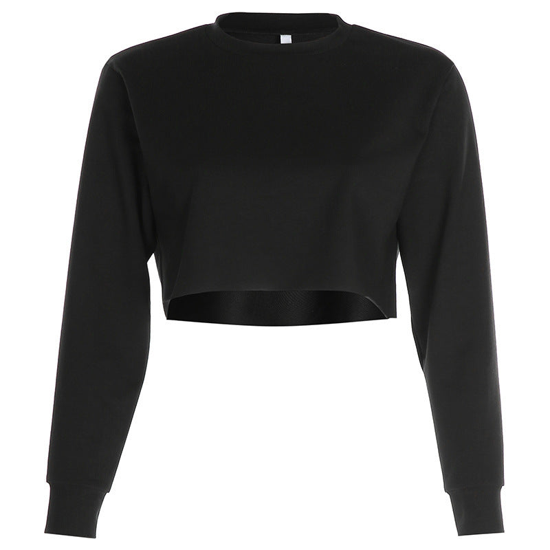 European and american  women's fashion new arrival: solid color, loose fit, slimming, cropped basic long sleeve lightweight sweatshirt jacket - in stock
