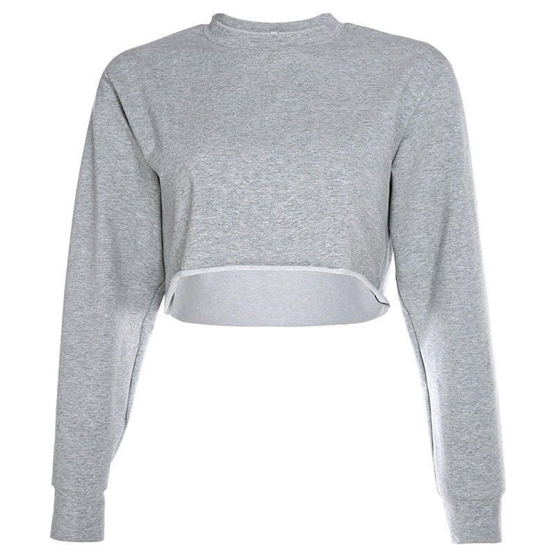 European and american  women's fashion new arrival: solid color, loose fit, slimming, cropped basic long sleeve lightweight sweatshirt jacket - in stock