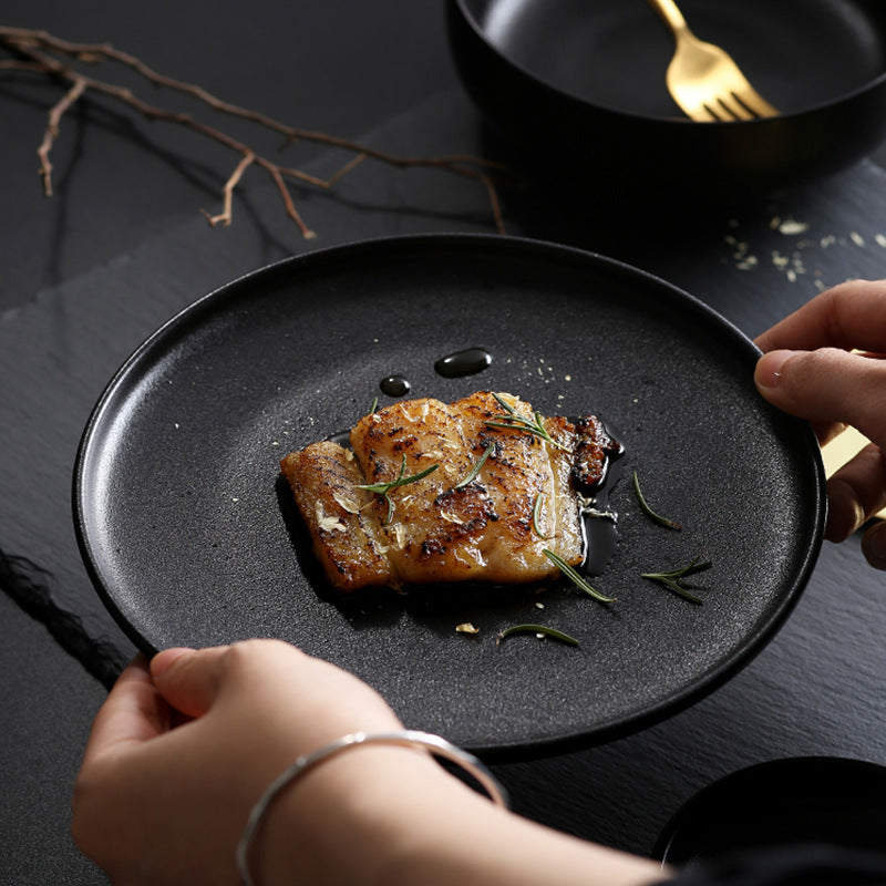 Ceramic dinnerware black matte gold rim steak plate high-end hotel home western dinner plate salad plate dish