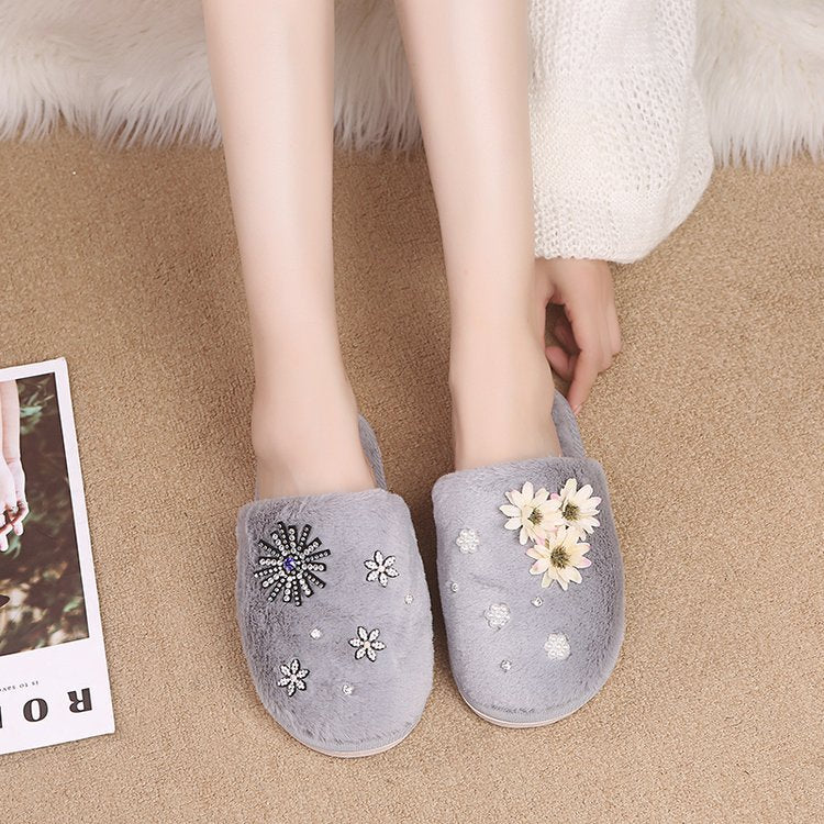 Korean style floral plush closed-toe slippers - women's comfortable, durable, indoor pearl home slippers
