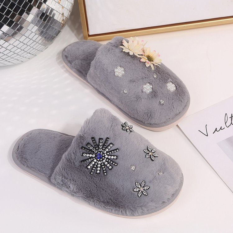 Korean style floral plush closed-toe slippers - women's comfortable, durable, indoor pearl home slippers