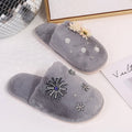 Korean style floral plush closed-toe slippers - women's comfortable, durable, indoor pearl home slippers