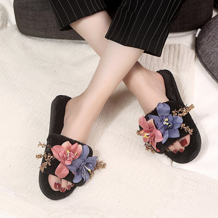 Factory direct women's fuzzy slippers - new autumn/winter collection: fabric flower design, korean style, plush, warm, indoor/outdoor wear