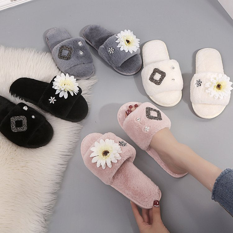 Korean department store new arrival: chic & luxurious floral plush slippers - women's fashionable, high-end rhinestone thong sandals