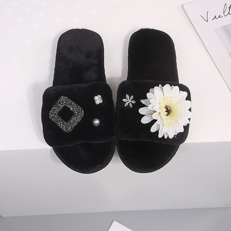 Korean department store new arrival: chic & luxurious floral plush slippers - women's fashionable, high-end rhinestone thong sandals