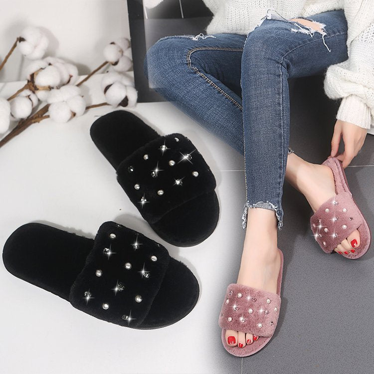 Factory direct 2024 autumn/winter new korean style pearl fuzzy slippers women's home flat indoor slippers wholesale
