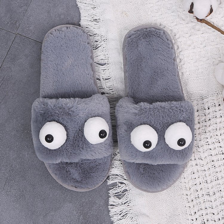 Korean autumn/winter new thickened plush warm slippers - big eyes, one-strap, women's cartoon flat cotton slippers (matching styles available)