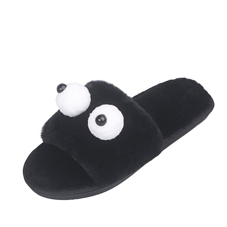 Korean autumn/winter new thickened plush warm slippers - big eyes, one-strap, women's cartoon flat cotton slippers (matching styles available)