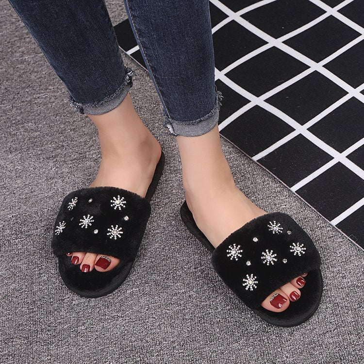 Winternew arrival rhinestone fur slippers women's indoor home flatsheattech open toe one-piece stuffed slippers floor mops