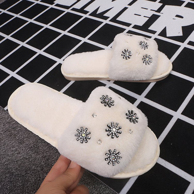 Winternew arrival rhinestone fur slippers women's indoor home flatsheattech open toe one-piece stuffed slippers floor mops