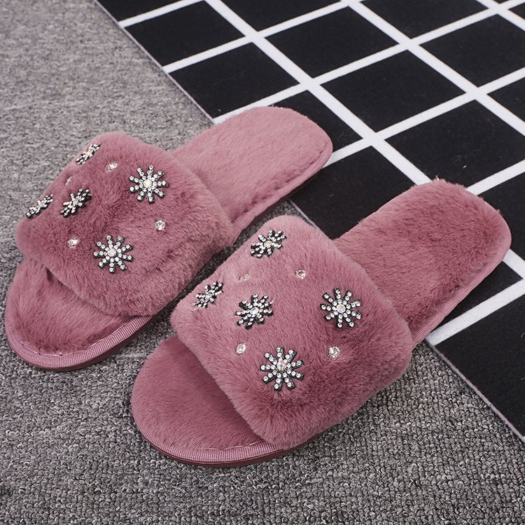 Winternew arrival rhinestone fur slippers women's indoor home flatsheattech open toe one-piece stuffed slippers floor mops