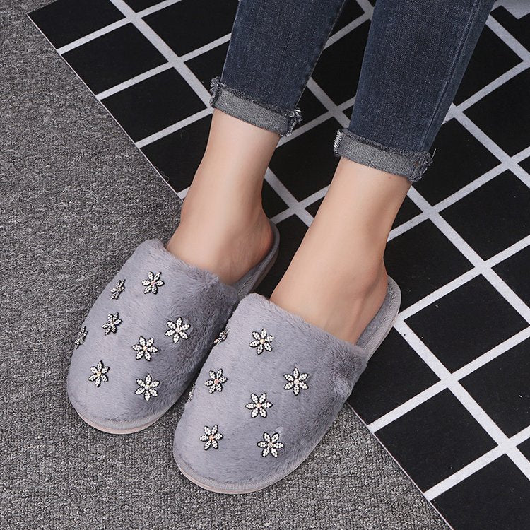 2024 fall/winter new korean style rhinestone fuzzy slippers - trendy chic women's slippers for outdoor wear - dropshipping available