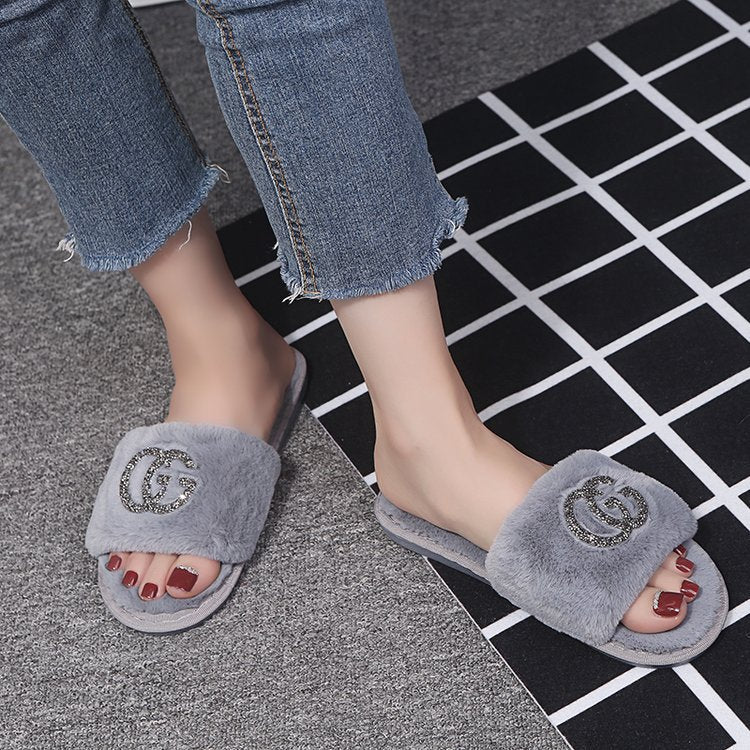 Wholesale new arrival indoor slippers - direct from the manufacturer: autumn korean style fuzzy rhinestone thong slippers for home